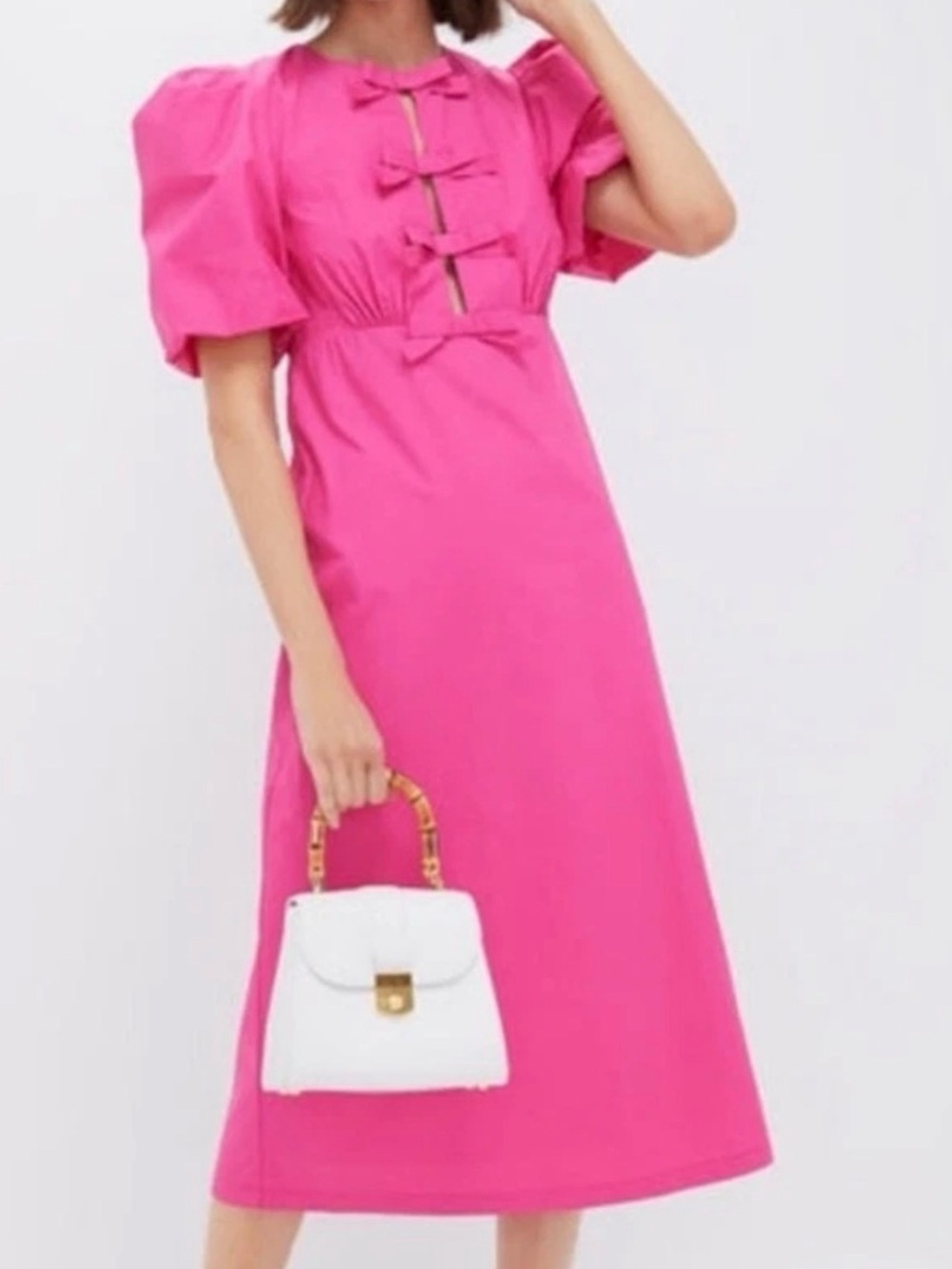 Hyacinth House Keelin Midi Dress Bows Hot Pink Tuckernuck Puff Sleeves Cotton